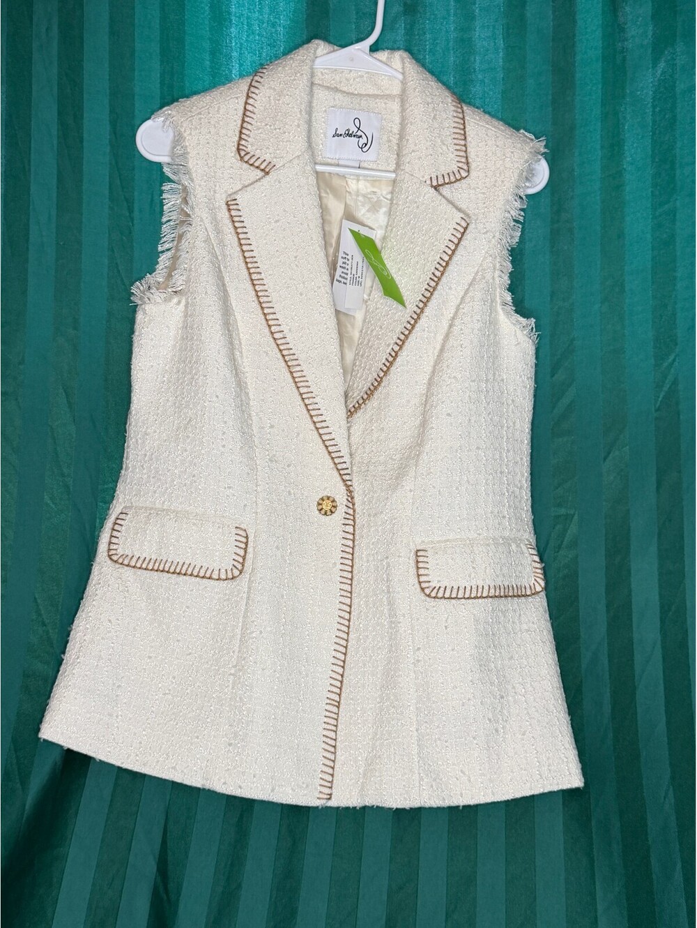 NWT Sam Edelman Cream Tweed Sleeveless Vest Jacket Fringe Trim Whipstitch Size M